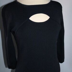 Knit Top Ribbed Pullover Cutout Chest  Crew Neck 3/4 Sleeve Black